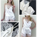 2Pcs Sexy Pajama Set Women Sexy Lace Patchwork Satin Silk Spaghetti Strap Top Hot Shorts Pajama Women Sleepwear Femme Pijamas - Lucksdeal