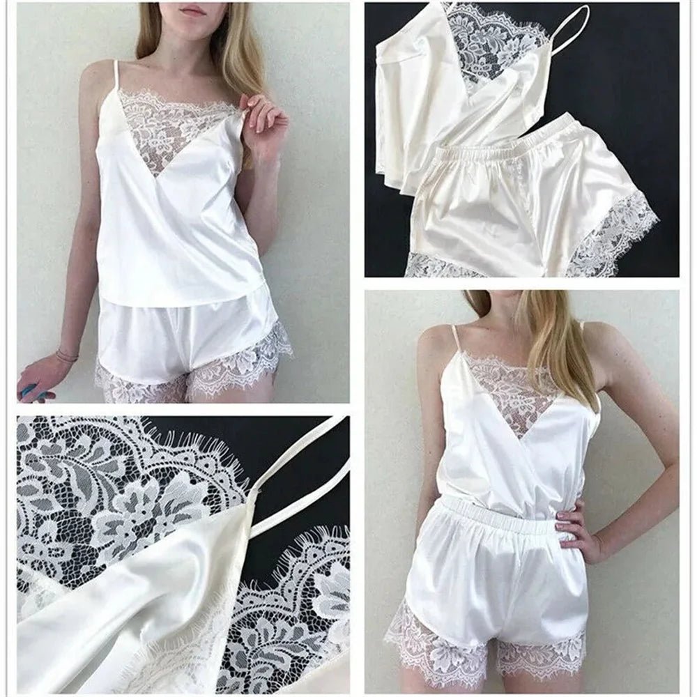 2Pcs Sexy Pajama Set Women Sexy Lace Patchwork Satin Silk Spaghetti Strap Top Hot Shorts Pajama Women Sleepwear Femme Pijamas - Lucksdeal