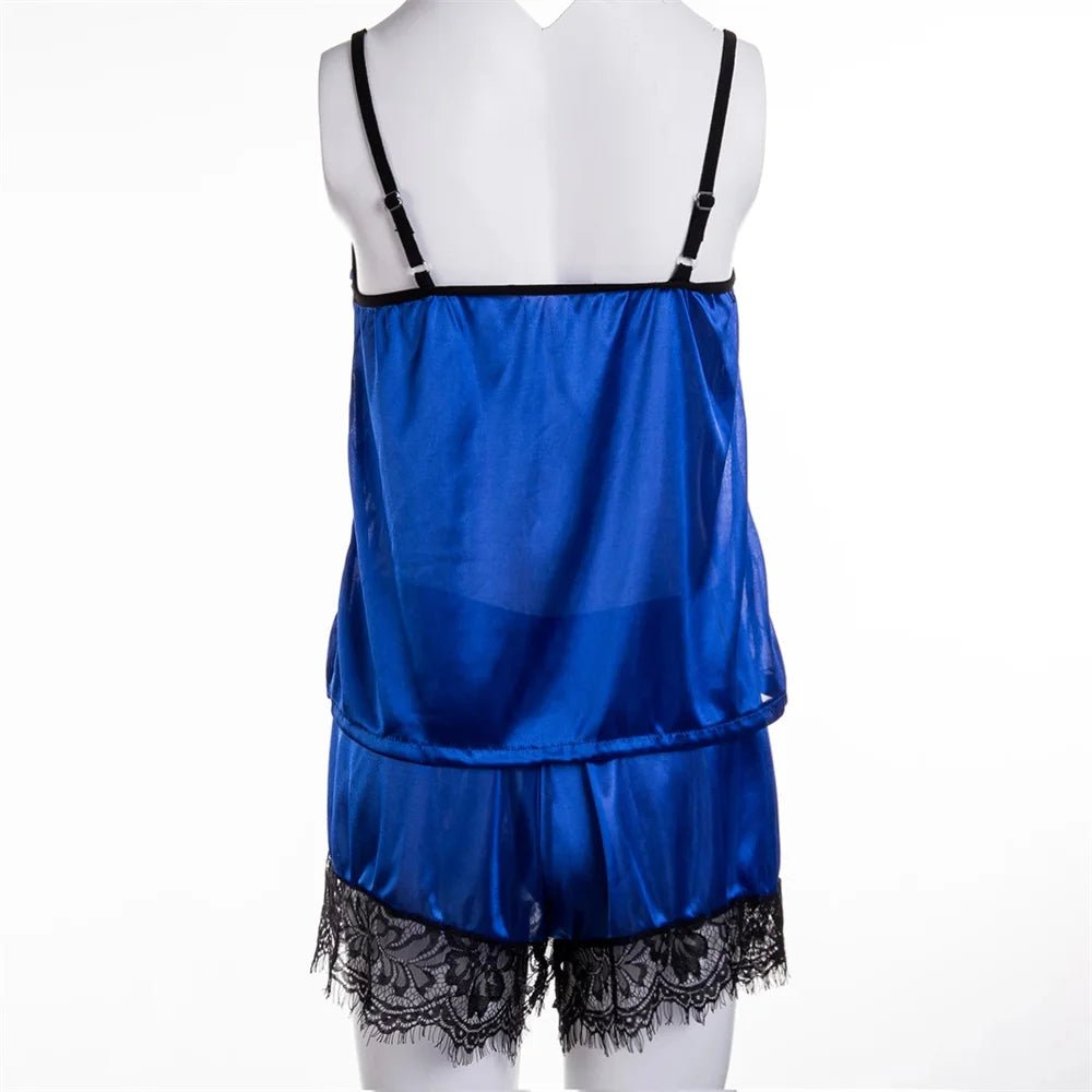 2Pcs Sexy Pajama Set Women Sexy Lace Patchwork Satin Silk Spaghetti Strap Top Hot Shorts Pajama Women Sleepwear Femme Pijamas - Lucksdeal