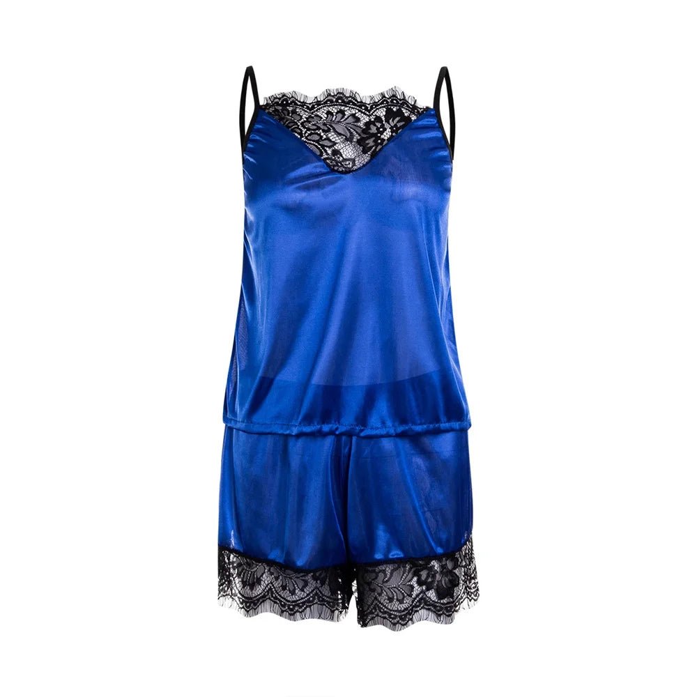 2Pcs Sexy Pajama Set Women Sexy Lace Patchwork Satin Silk Spaghetti Strap Top Hot Shorts Pajama Women Sleepwear Femme Pijamas - Lucksdeal