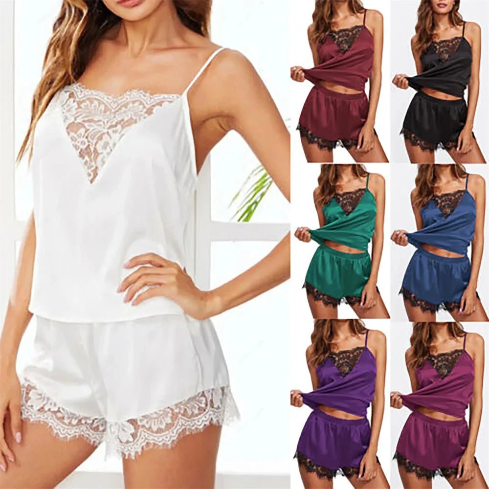 2Pcs Sexy Pajama Set Women Sexy Lace Patchwork Satin Silk Spaghetti Strap Top Hot Shorts Pajama Women Sleepwear Femme Pijamas - Lucksdeal