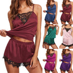 2Pcs Sexy Pajama Set Women Sexy Lace Patchwork Satin Silk Spaghetti Strap Top Hot Shorts Pajama Women Sleepwear Femme Pijamas - Lucksdeal