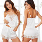 2Pcs Sexy Pajama Set Women Sexy Lace Patchwork Satin Silk Spaghetti Strap Top Hot Shorts Pajama Women Sleepwear Femme Pijamas - Lucksdeal