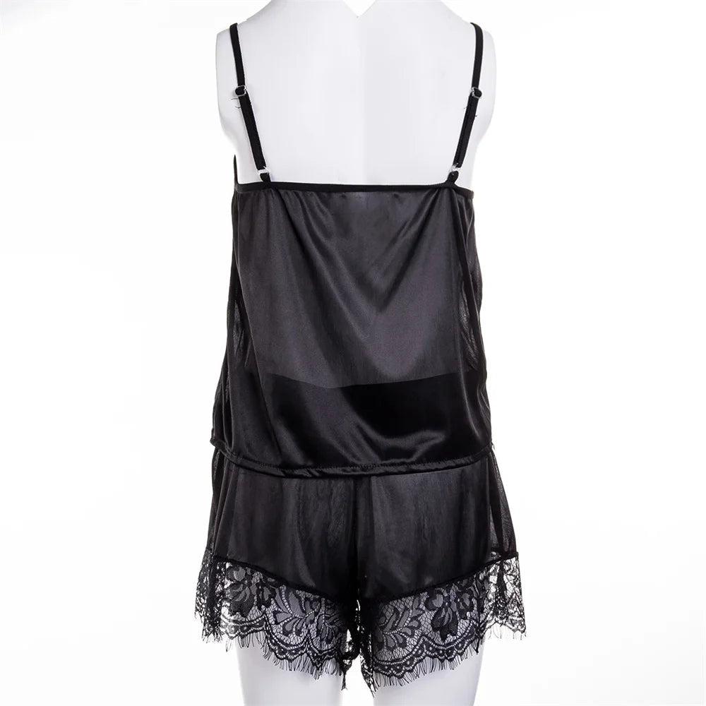 2Pcs Sexy Pajama Set Women Sexy Lace Patchwork Satin Silk Spaghetti Strap Top Hot Shorts Pajama Women Sleepwear Femme Pijamas - Lucksdeal