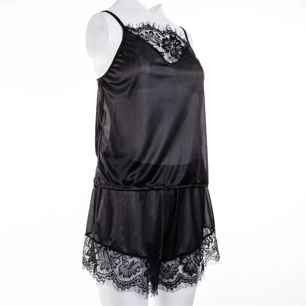 2Pcs Sexy Pajama Set Women Sexy Lace Patchwork Satin Silk Spaghetti Strap Top Hot Shorts Pajama Women Sleepwear Femme Pijamas - Lucksdeal
