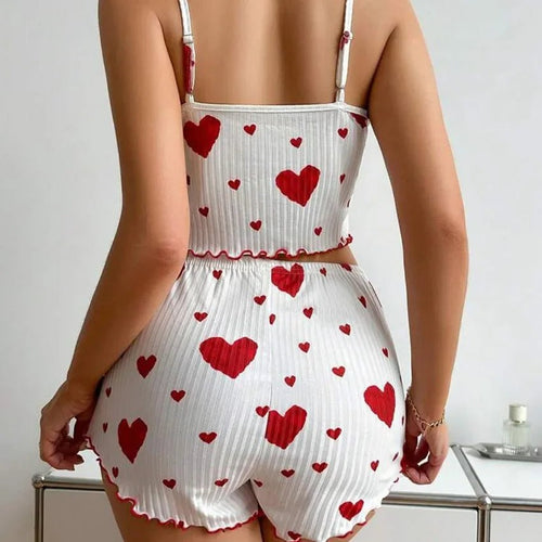 2pcs Women's Pajama Set Sexy Cute Kawaii Pajamas Women suspenders Sun-Tops Loungewear Set Shorts Y2K Lolita Heart Silk Sleepwear - Lucksdeal