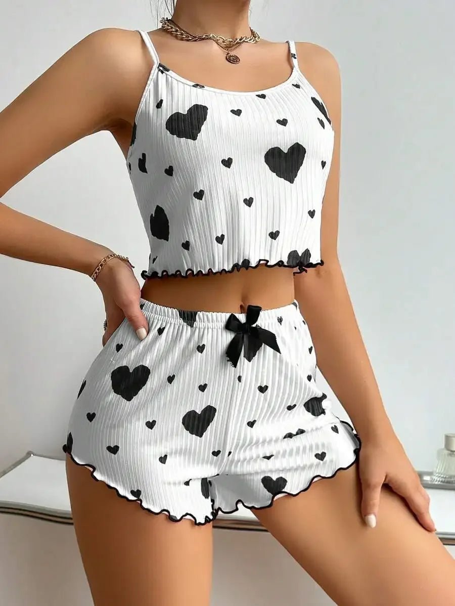 2pcs Women's Pajama Set Sexy Cute Kawaii Pajamas Women suspenders Sun-Tops Loungewear Set Shorts Y2K Lolita Heart Silk Sleepwear - Lucksdeal