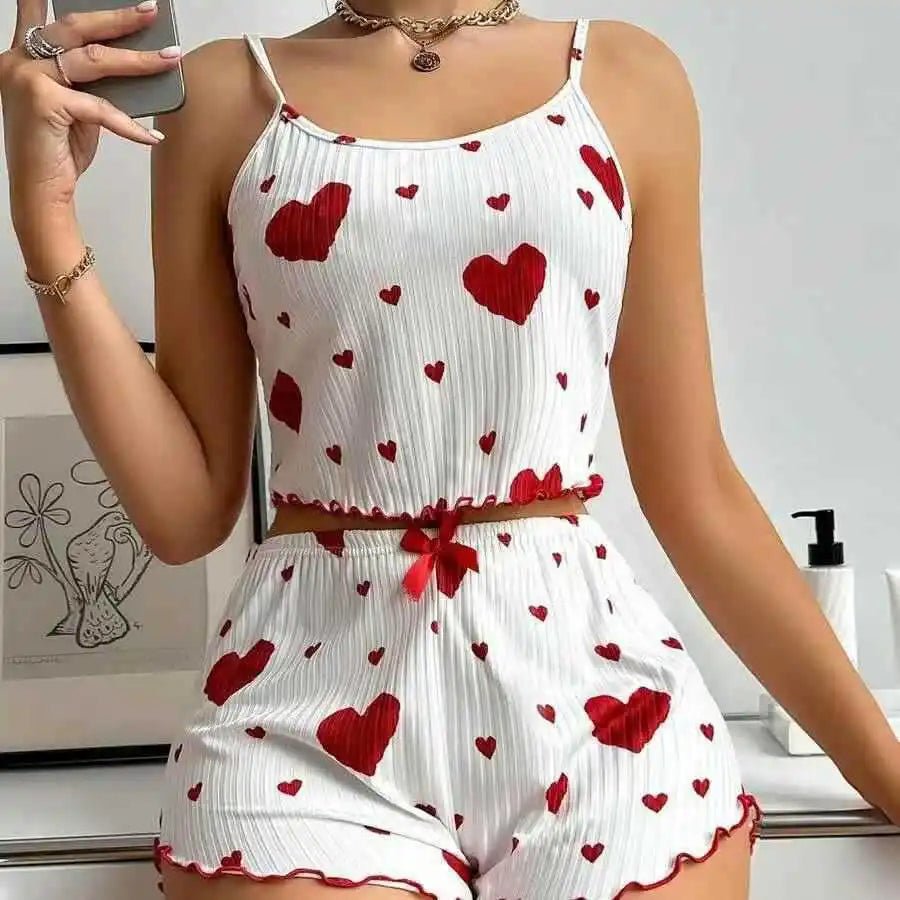 2pcs Women's Pajama Set Sexy Cute Kawaii Pajamas Women suspenders Sun-Tops Loungewear Set Shorts Y2K Lolita Heart Silk Sleepwear - Lucksdeal