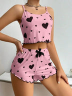 2pcs Women's Pajama Set Sexy Cute Kawaii Pajamas Women suspenders Sun-Tops Loungewear Set Shorts Y2K Lolita Heart Silk Sleepwear - Lucksdeal