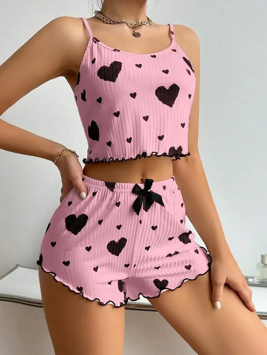 2pcs Women's Pajama Set Sexy Cute Kawaii Pajamas Women suspenders Sun-Tops Loungewear Set Shorts Y2K Lolita Heart Silk Sleepwear - Lucksdeal