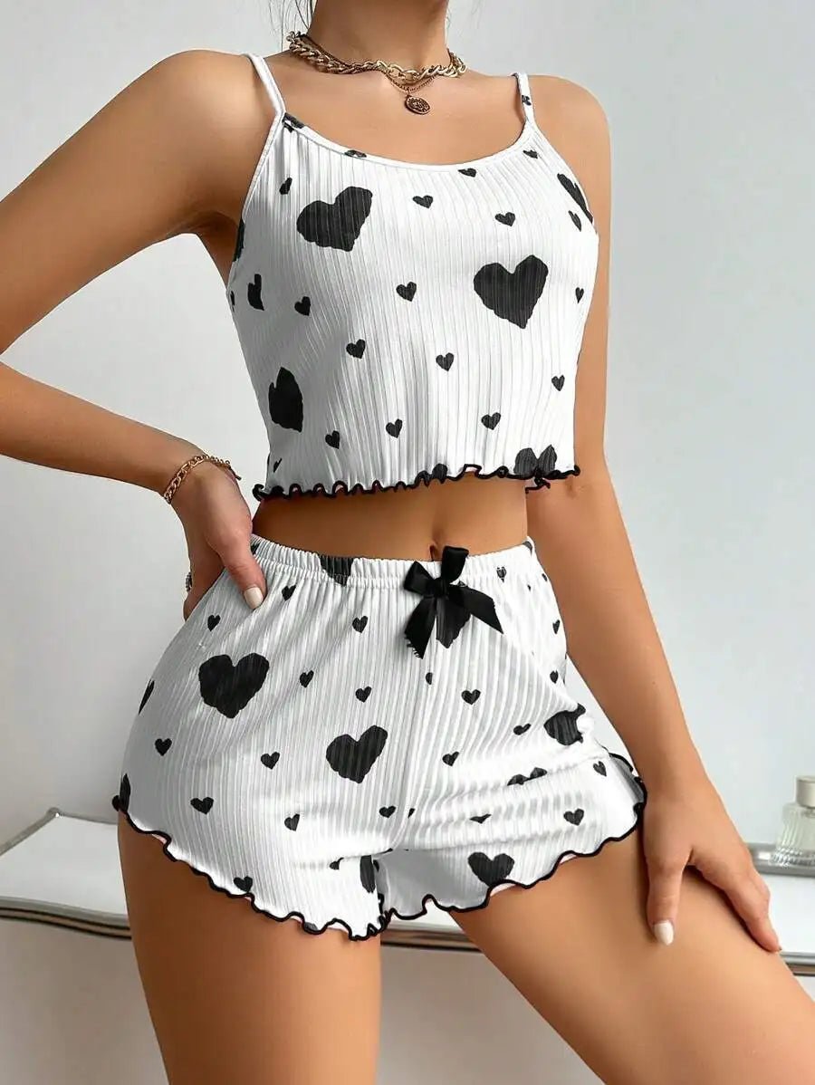 2pcs Women's Pajama Set Sexy Cute Kawaii Pajamas Women suspenders Sun-Tops Loungewear Set Shorts Y2K Lolita Heart Silk Sleepwear - Lucksdeal