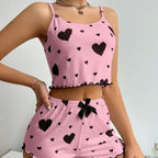2pcs Women's Pajama Set Sexy Cute Kawaii Pajamas Women suspenders Sun-Tops Loungewear Set Shorts Y2K Lolita Heart Silk Sleepwear - Lucksdeal