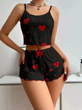 2pcs Women's Pajama Set Sexy Cute Kawaii Pajamas Women suspenders Sun-Tops Loungewear Set Shorts Y2K Lolita Heart Silk Sleepwear - Lucksdeal