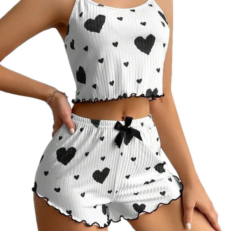 2pcs Women's Pajama Set Sexy Cute Kawaii Pajamas Women suspenders Sun-Tops Loungewear Set Shorts Y2K Lolita Heart Silk Sleepwear - Lucksdeal