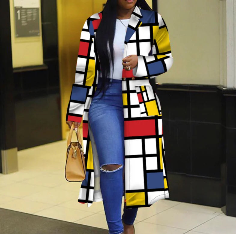 S-5XL Autumn and Winter New Windbreaker Large Plaid Color Multicolor Printing Double Breasted Lapel Coat Coat