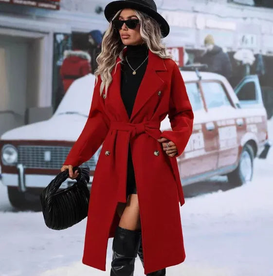 Women's Winter Double Breasted Trench Coat with Belt Elegant Warm Windproof Long Outerwear for Daily Streetwear