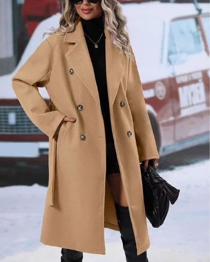 Women's Winter Double Breasted Trench Coat with Belt Elegant Warm Windproof Long Outerwear for Daily Streetwear