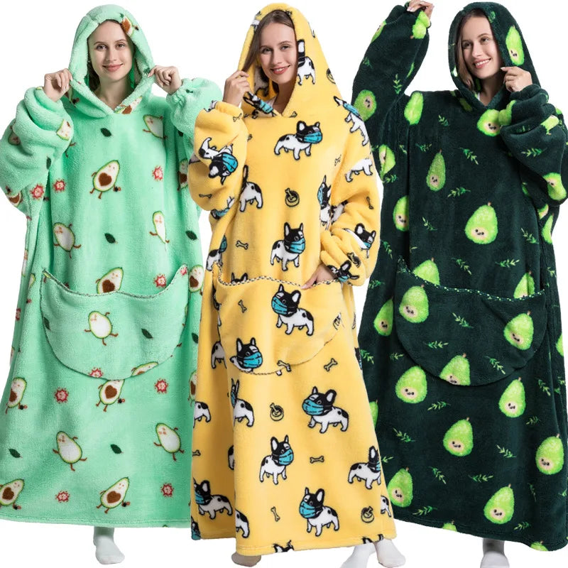 Winter Warm Adults Long Polyester Soft Giant Wearable Blanket Printed TV Hood Oversized Big Sweatshirt Hoodie Blanket