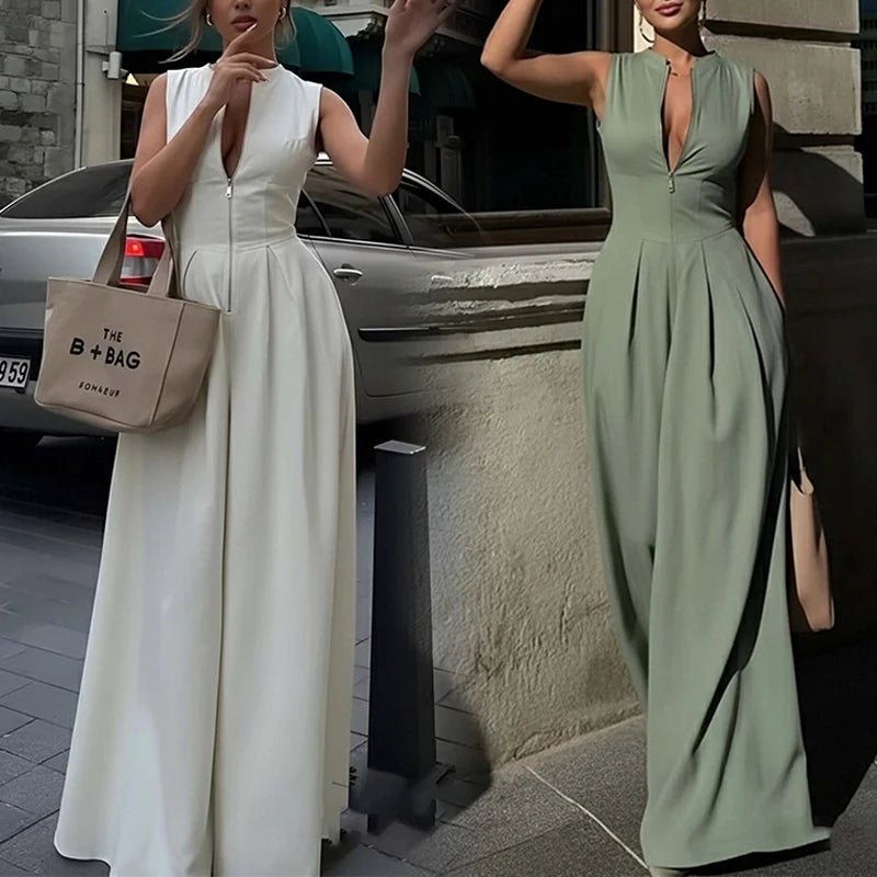 Ready to Ship Wholesale Women Wide Leg Jumpsuit Sleeveless High Waist One Piece Romper Casual Party Travel Clothing