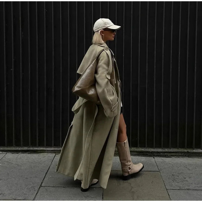 AIMEISI New Arrivals Double-breasted Belt Elegant Over the Knee Coat Long Windbreaker Women's Trench Coats