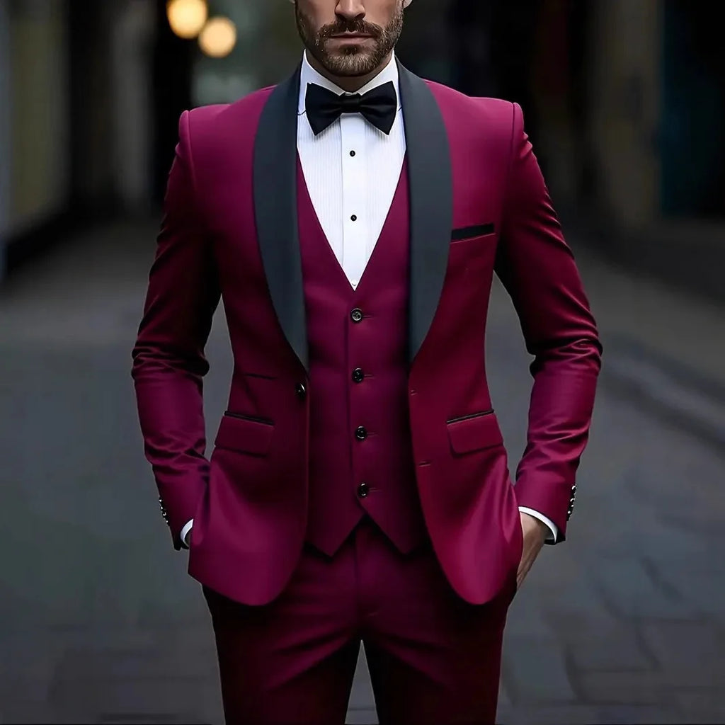 2026 New Men 3-Piece Suit, Slim Fit Elegant Gentleman Formal Blazer Trousers Vest Set for Business Wedding Groom Daily Banquet