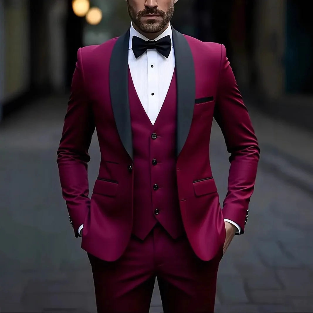 2026 New Men 3-Piece Suit, Slim Fit Elegant Gentleman Formal Blazer Trousers Vest Set for Business Wedding Groom Daily Banquet