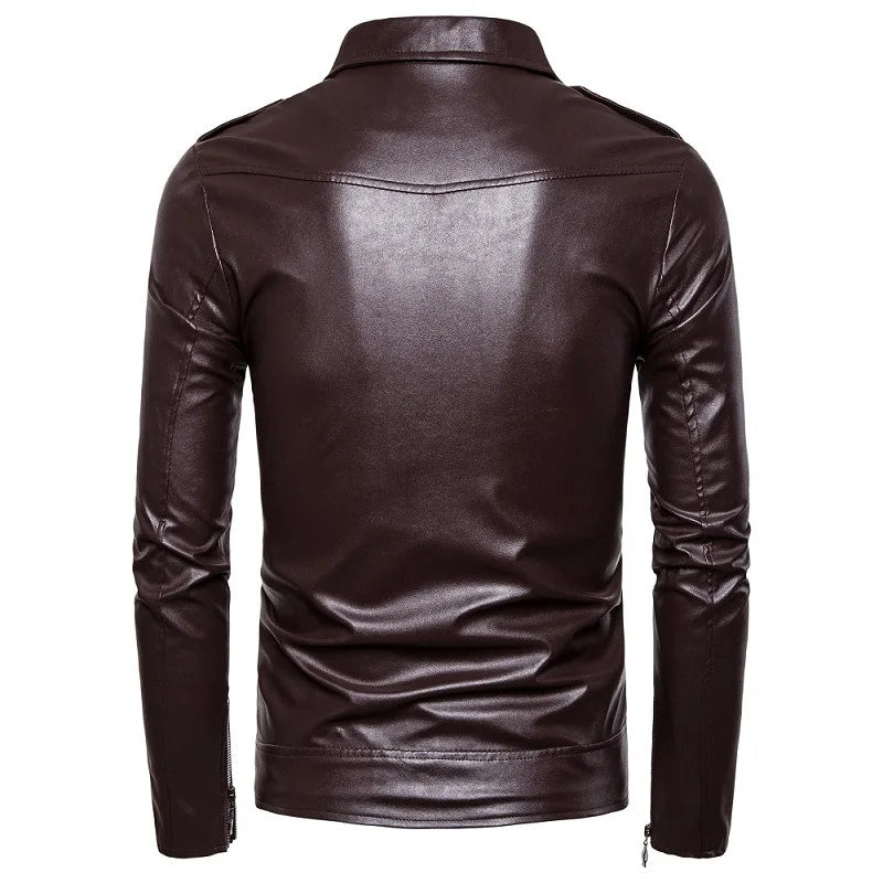 OEM ODM Wholesale Fashion Winter Men Faux Leather Solid Color Slim Fit Jacket Coat