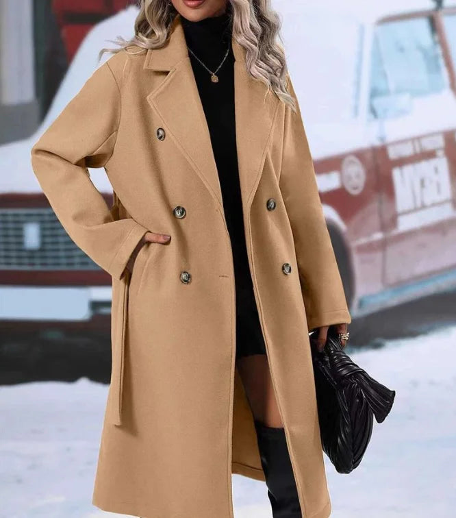 Women's Winter Double Breasted Trench Coat with Belt Elegant Warm Windproof Long Outerwear for Daily Streetwear