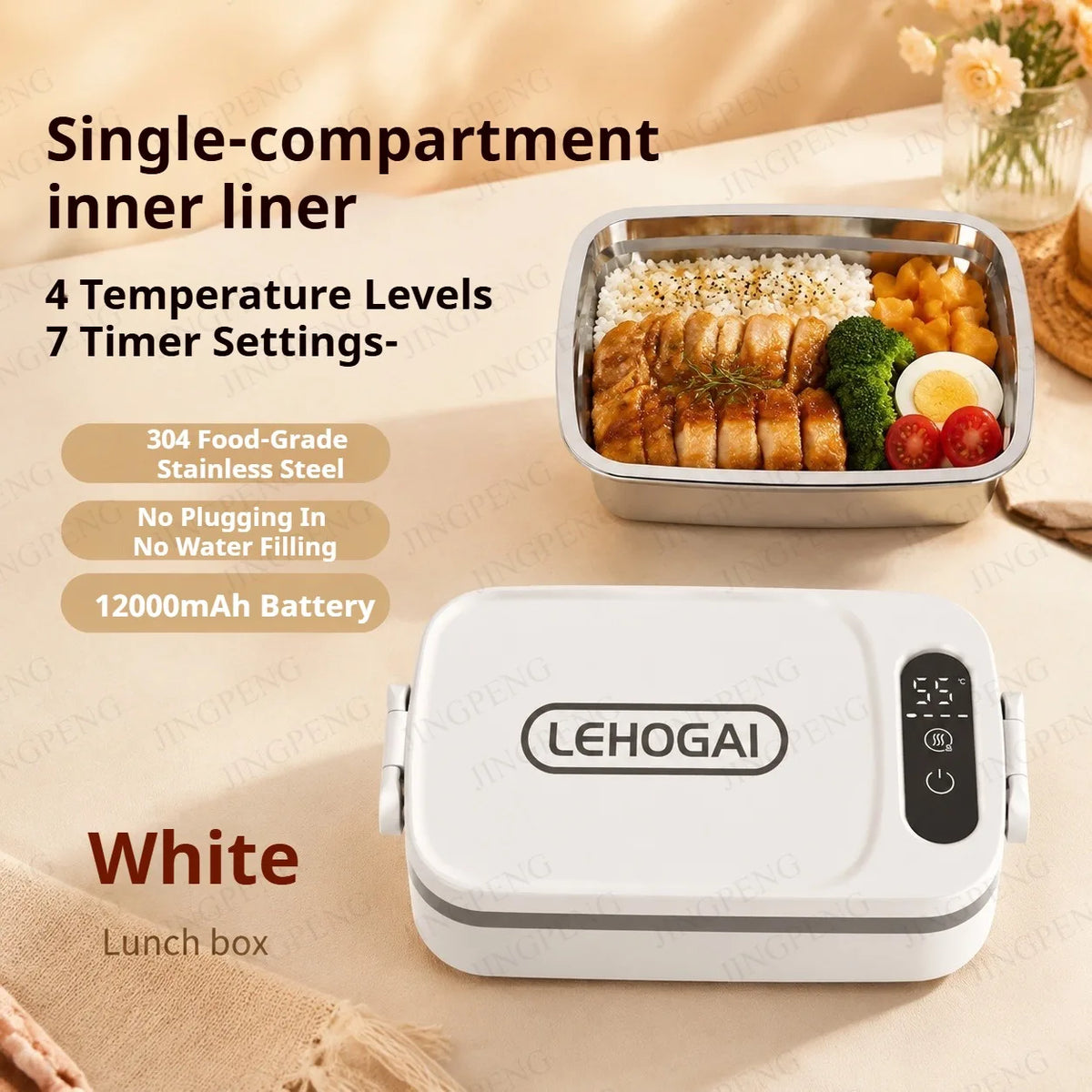 Portable Electric Lunch Box USB Rechargeable Timed Intelligent Digital Display Separate Double-compartment Inner Food Heater