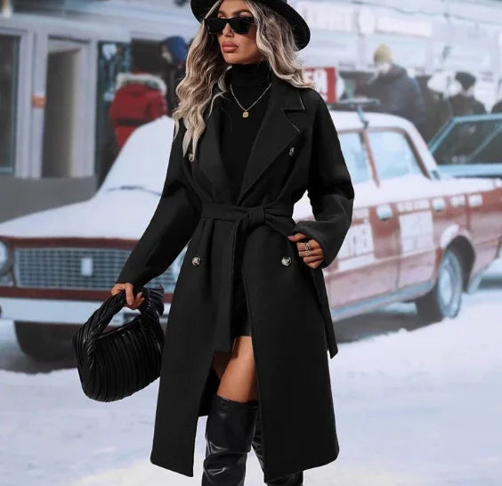 Women's Winter Double Breasted Trench Coat with Belt Elegant Warm Windproof Long Outerwear for Daily Streetwear
