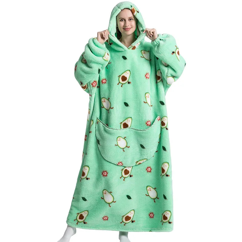 Winter Warm Adults Long Polyester Soft Giant Wearable Blanket Printed TV Hood Oversized Big Sweatshirt Hoodie Blanket
