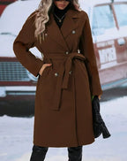 Women's Winter Double Breasted Trench Coat with Belt Elegant Warm Windproof Long Outerwear for Daily Streetwear