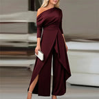 New Arrival Elegant Women Jumpsuit Asymmetric Shoulder Long Sleeve High Waist Split Bottom Jumpsuit Daily Office Commute Wear