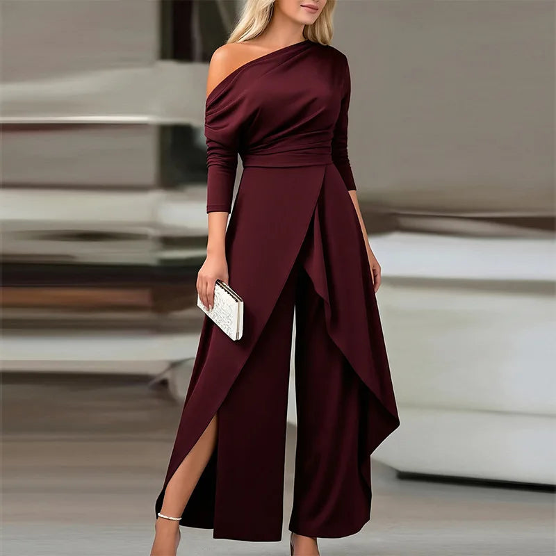 New Arrival Elegant Women Jumpsuit Asymmetric Shoulder Long Sleeve High Waist Split Bottom Jumpsuit Daily Office Commute Wear