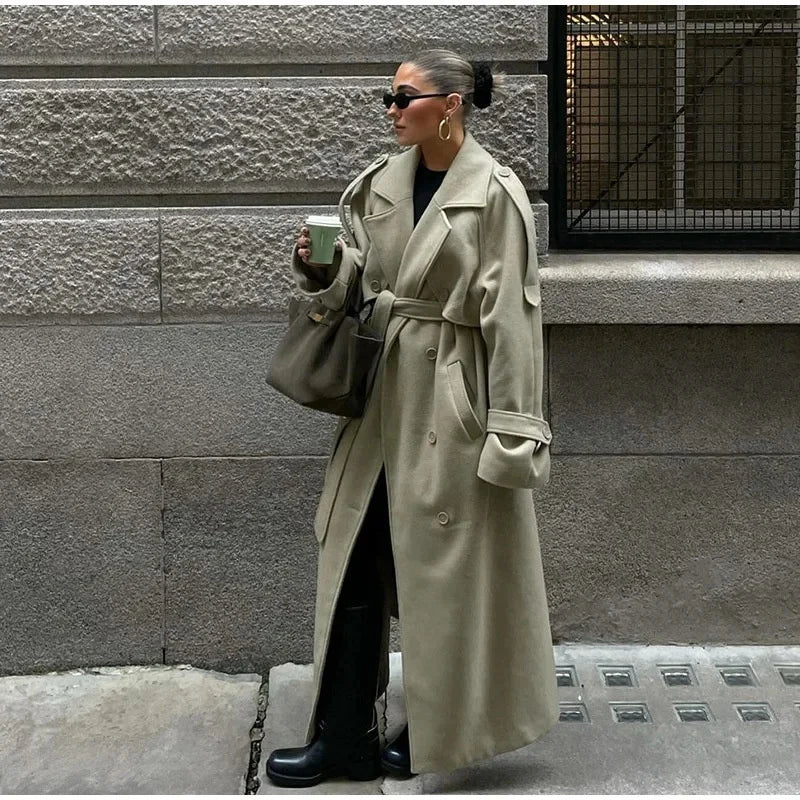 AIMEISI New Arrivals Double-breasted Belt Elegant Over the Knee Coat Long Windbreaker Women's Trench Coats