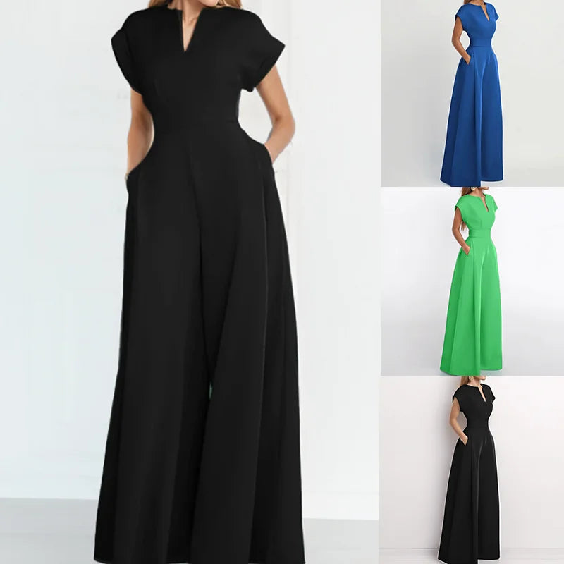 Ready to Ship Chic Minimalist Jumpsuit Wide Leg Silhouette High Waist Relaxed Fit Summer Office Women's Jumpsuits With Pockets