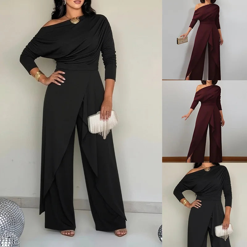 New Arrival Elegant Women Jumpsuit Asymmetric Shoulder Long Sleeve High Waist Split Bottom Jumpsuit Daily Office Commute Wear