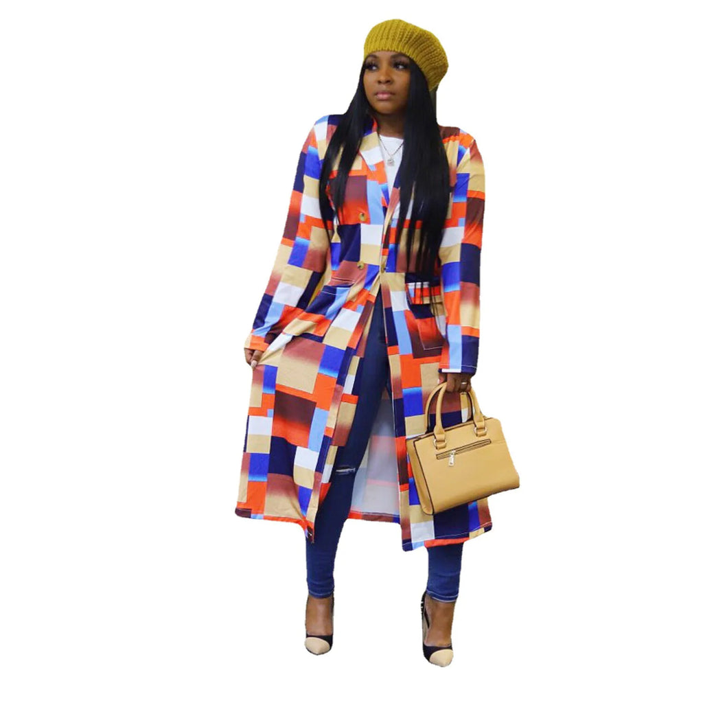 S-5XL Autumn and Winter New Windbreaker Large Plaid Color Multicolor Printing Double Breasted Lapel Coat Coat
