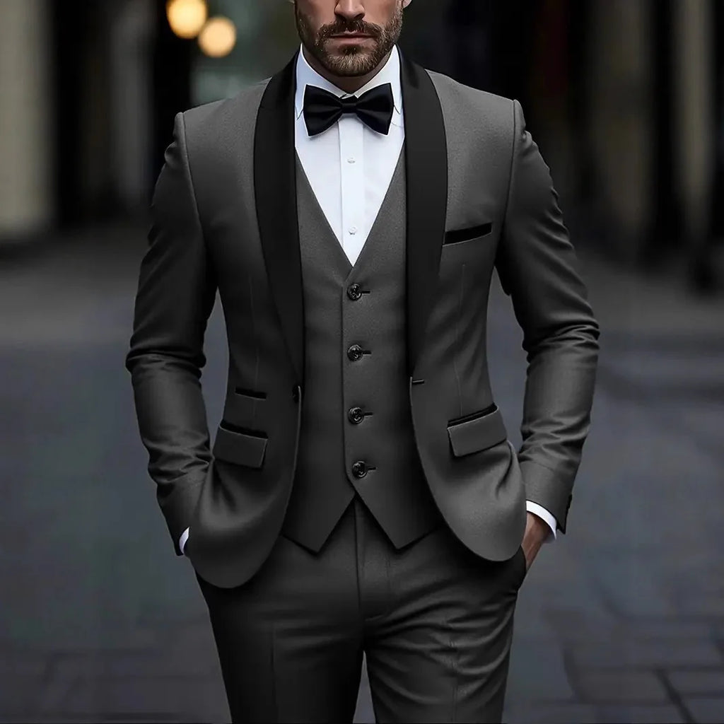 2026 New Men 3-Piece Suit, Slim Fit Elegant Gentleman Formal Blazer Trousers Vest Set for Business Wedding Groom Daily Banquet