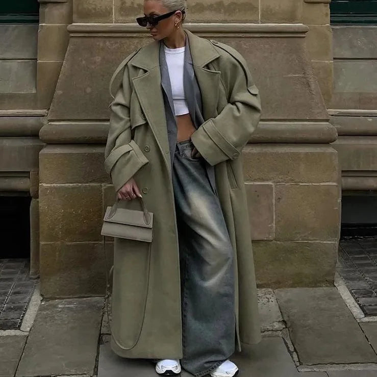 AIMEISI New Arrivals Double-breasted Belt Elegant Over the Knee Coat Long Windbreaker Women's Trench Coats