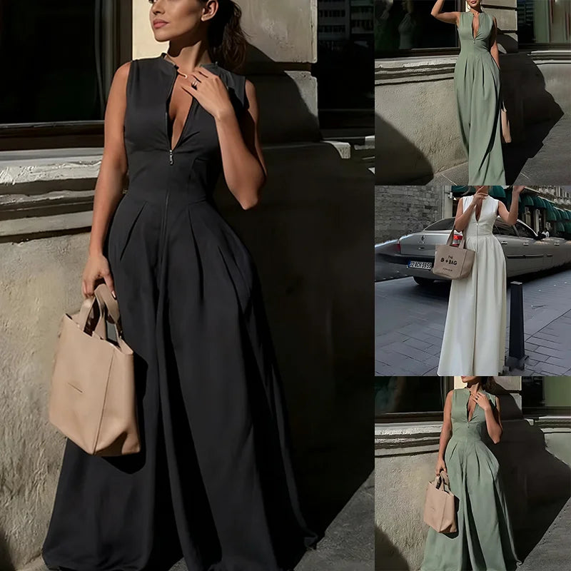 Ready to Ship Wholesale Women Wide Leg Jumpsuit Sleeveless High Waist One Piece Romper Casual Party Travel Clothing