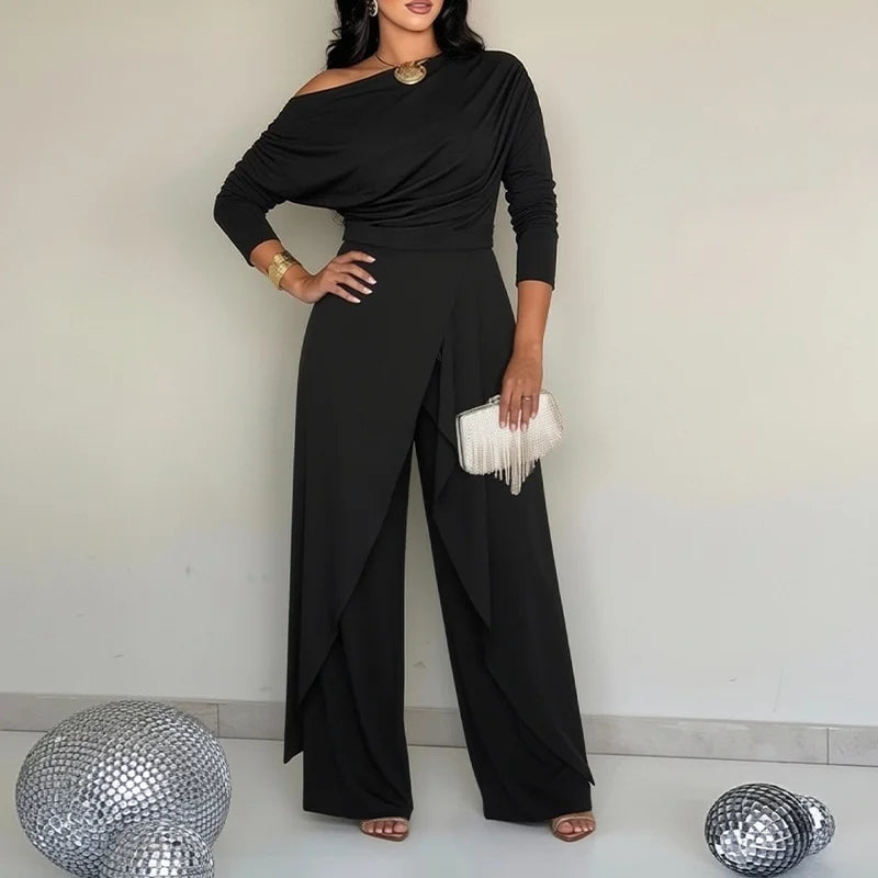 New Arrival Elegant Women Jumpsuit Asymmetric Shoulder Long Sleeve High Waist Split Bottom Jumpsuit Daily Office Commute Wear