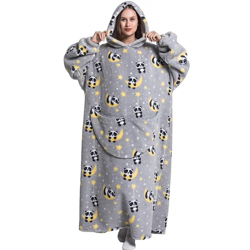 Winter Warm Adults Long Polyester Soft Giant Wearable Blanket Printed TV Hood Oversized Big Sweatshirt Hoodie Blanket