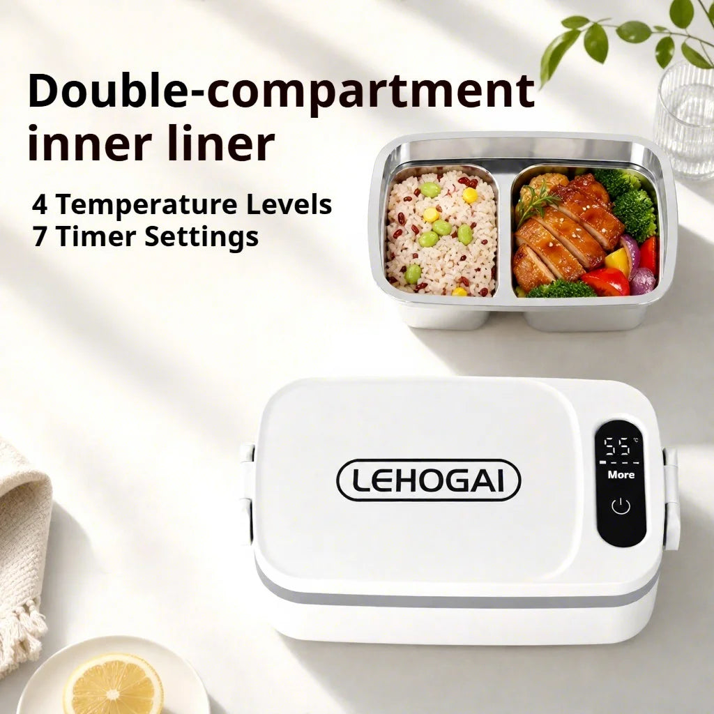 Portable Electric Lunch Box USB Rechargeable Timed Intelligent Digital Display Separate Double-compartment Inner Food Heater