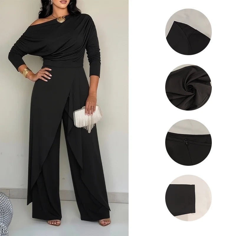New Arrival Elegant Women Jumpsuit Asymmetric Shoulder Long Sleeve High Waist Split Bottom Jumpsuit Daily Office Commute Wear