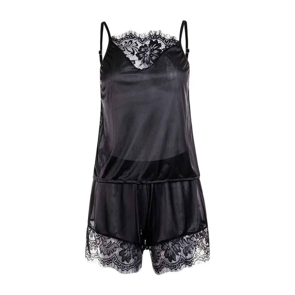2Pcs Sexy Pajama Set Women Sexy Lace Patchwork Satin Silk Spaghetti Strap Top Hot Shorts Pajama Women Sleepwear Femme Pijamas