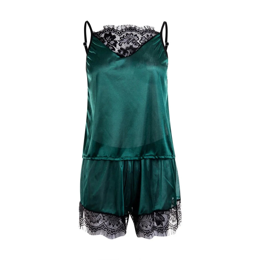 2Pcs Sexy Pajama Set Women Sexy Lace Patchwork Satin Silk Spaghetti Strap Top Hot Shorts Pajama Women Sleepwear Femme Pijamas