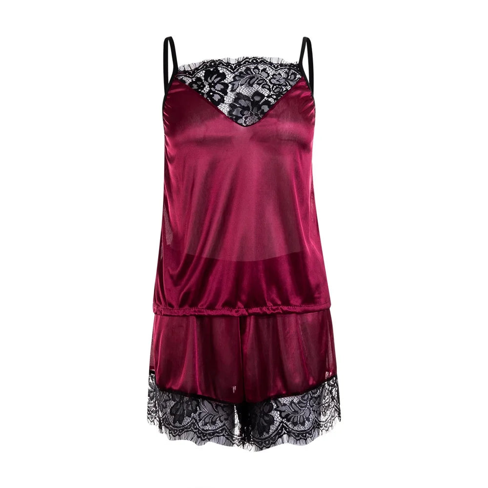 2Pcs Sexy Pajama Set Women Sexy Lace Patchwork Satin Silk Spaghetti Strap Top Hot Shorts Pajama Women Sleepwear Femme Pijamas