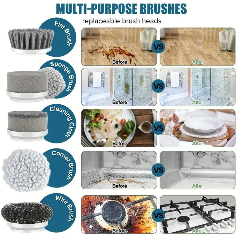 Electric Spin Scrubber, Bathroom Cordless Cleaning Brush Power Scrubber with 5 Replaceable Brush Heads, Electric Cleaning Brush - Lucksdeal