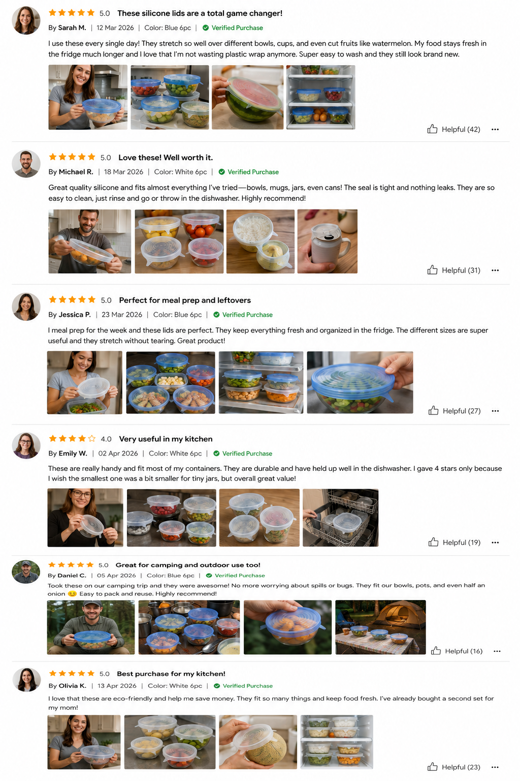 6Pcs Reusable Silicone Stretch Lids for fit bowls, cups, fruits & more.